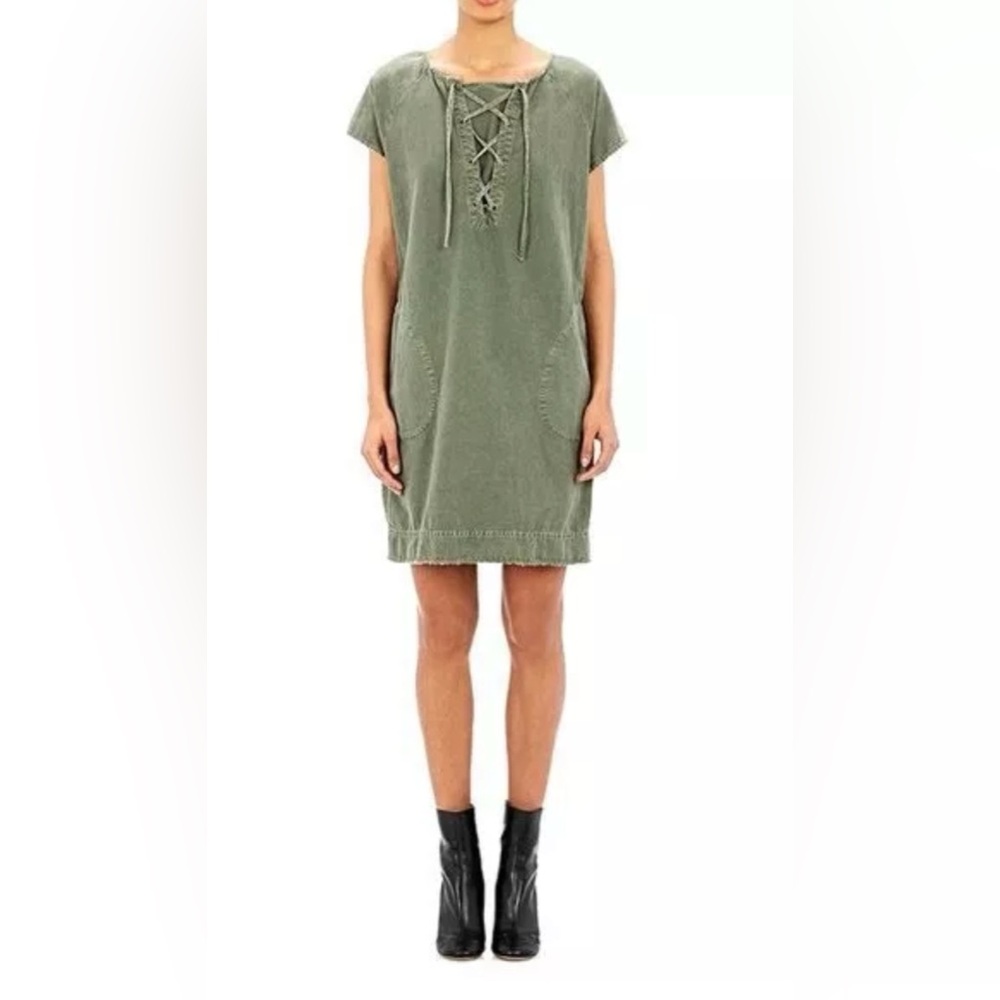 Niki Lotan lace up slub twill mini dress army green size medium